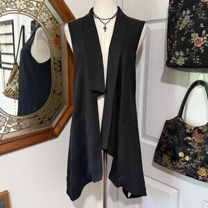 Y2K Jenny Han Black 100% Silk Sleeveless Collared Shark Bite Hem Long Vest Top